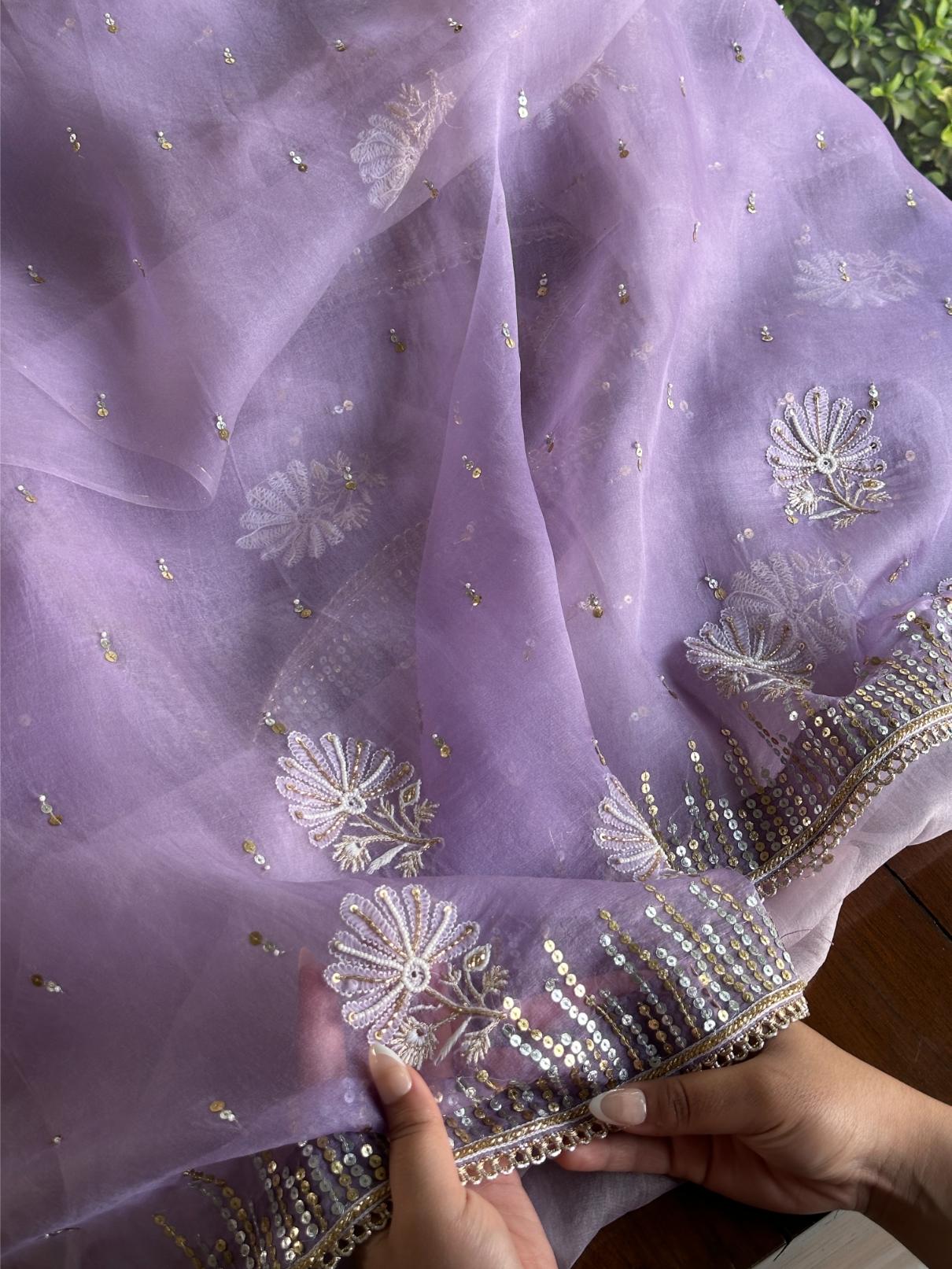 Lavender Shade Organza Saree with Ari Work, Highlight Border & Tassels