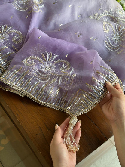 Lavender Shade Organza Saree with Ari Work, Highlight Border & Tassels