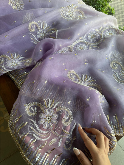 Lavender Shade Organza Saree with Ari Work, Highlight Border & Tassels