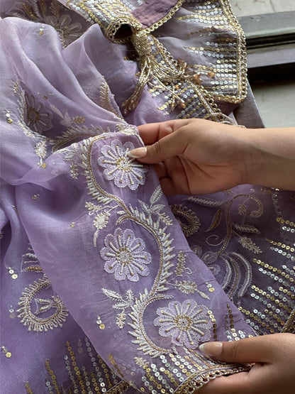 Lavender Shade Organza Saree with Ari Work, Highlight Border & Tassels