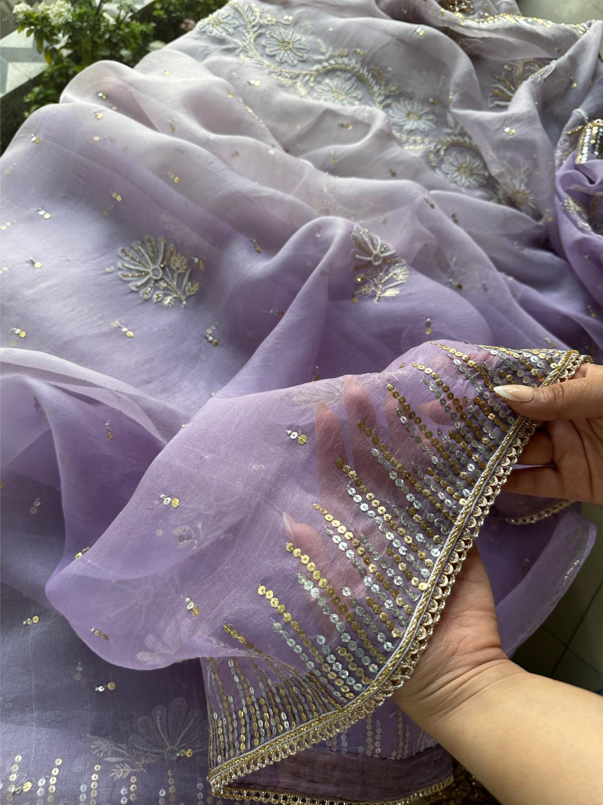 Lavender Shade Organza Saree with Ari Work, Highlight Border & Tassels