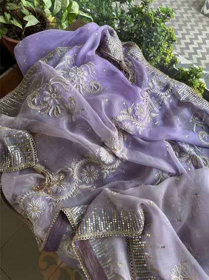 Lavender Shade Organza Saree with Ari Work, Highlight Border & Tassels