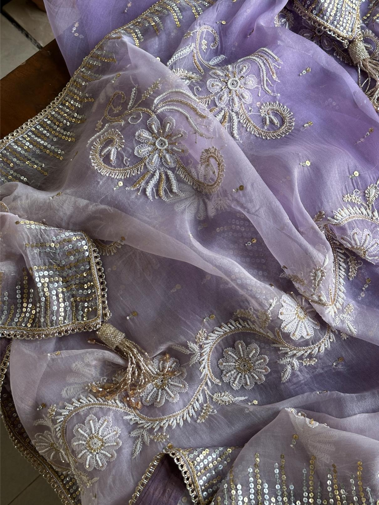 Lavender Shade Organza Saree with Ari Work, Highlight Border & Tassels