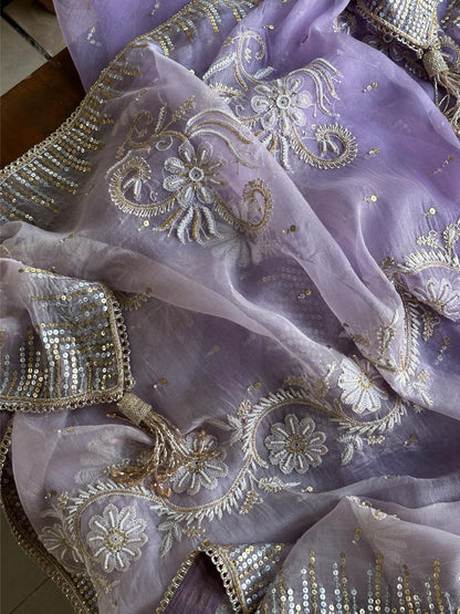 Lavender Shade Organza Saree with Ari Work, Highlight Border & Tassels