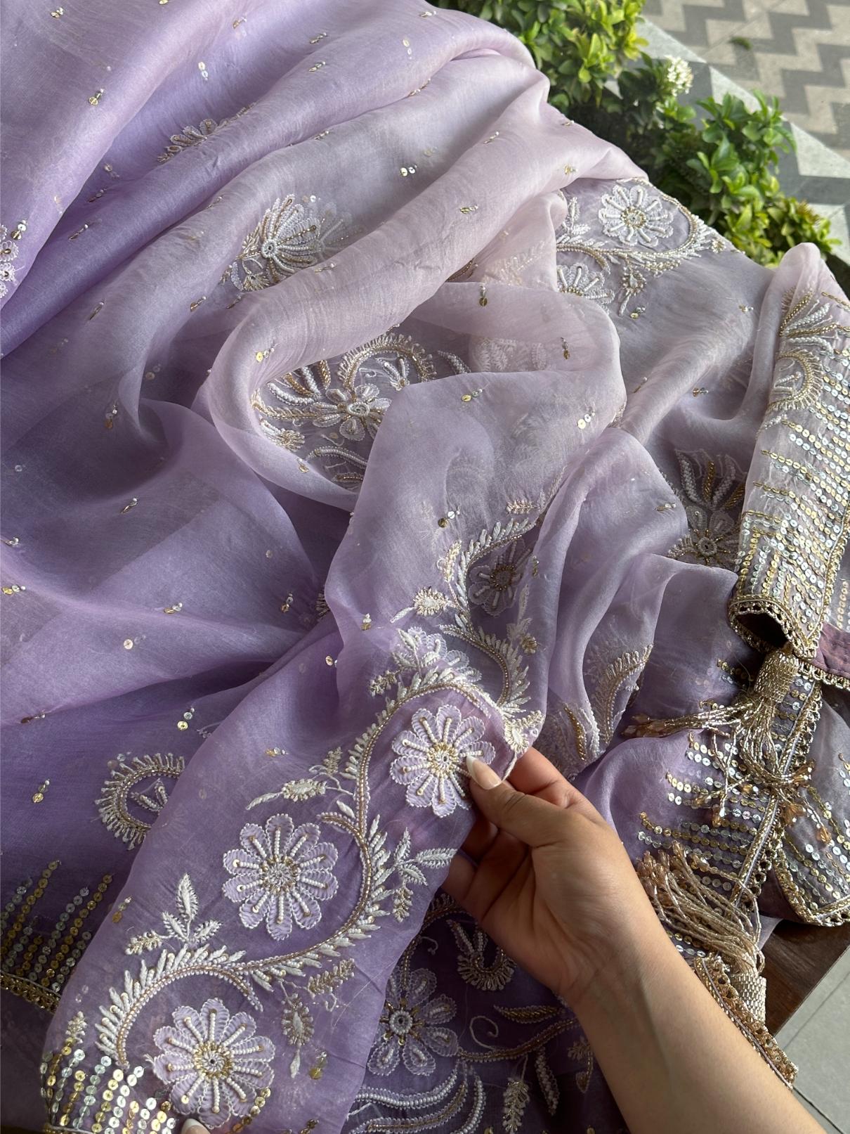 Lavender Shade Organza Saree with Ari Work, Highlight Border & Tassels