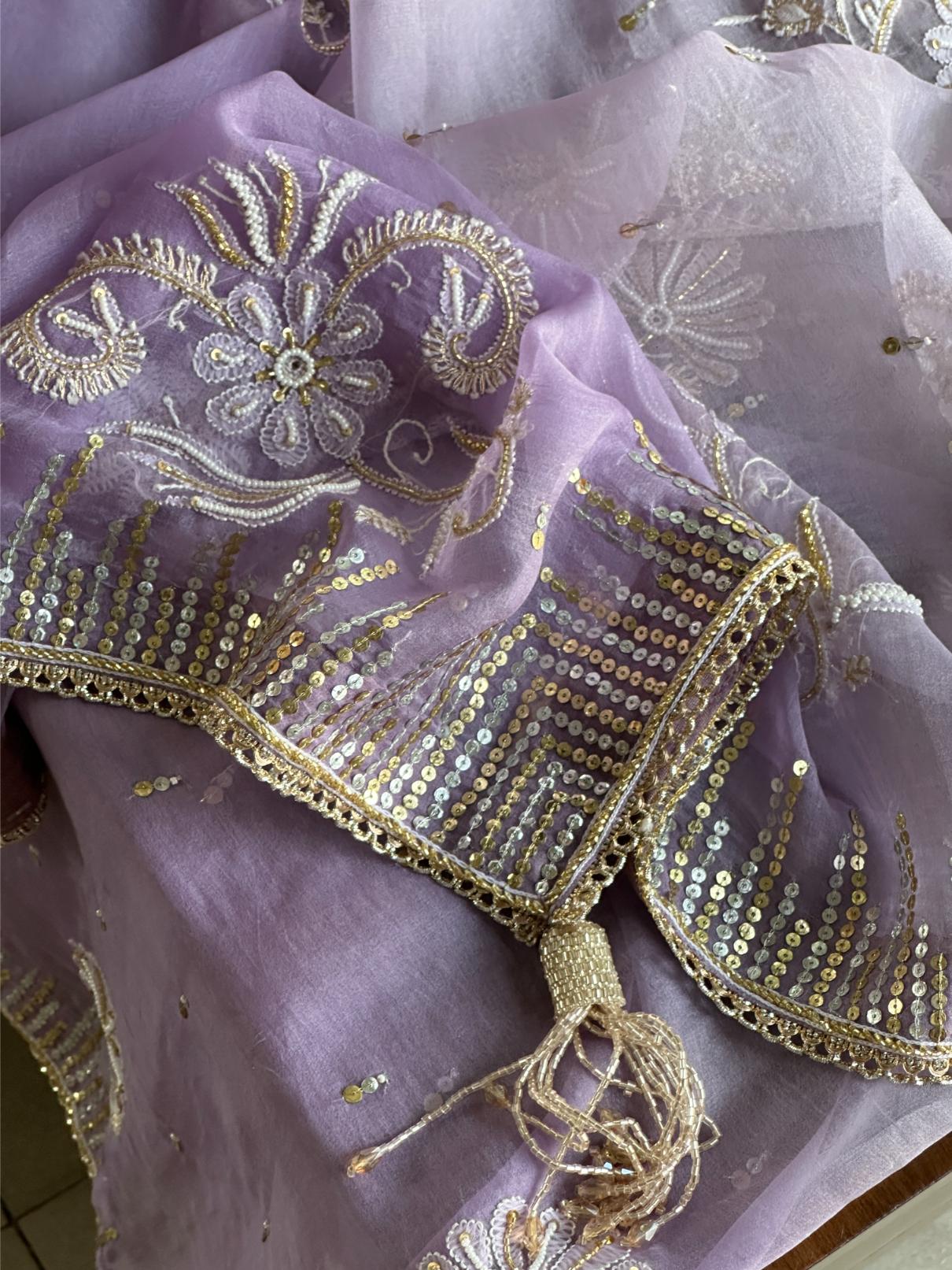 Lavender Shade Organza Saree with Ari Work, Highlight Border & Tassels