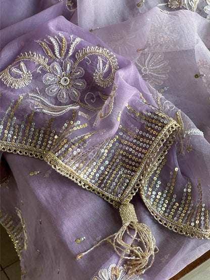 Lavender Shade Organza Saree with Ari Work, Highlight Border & Tassels