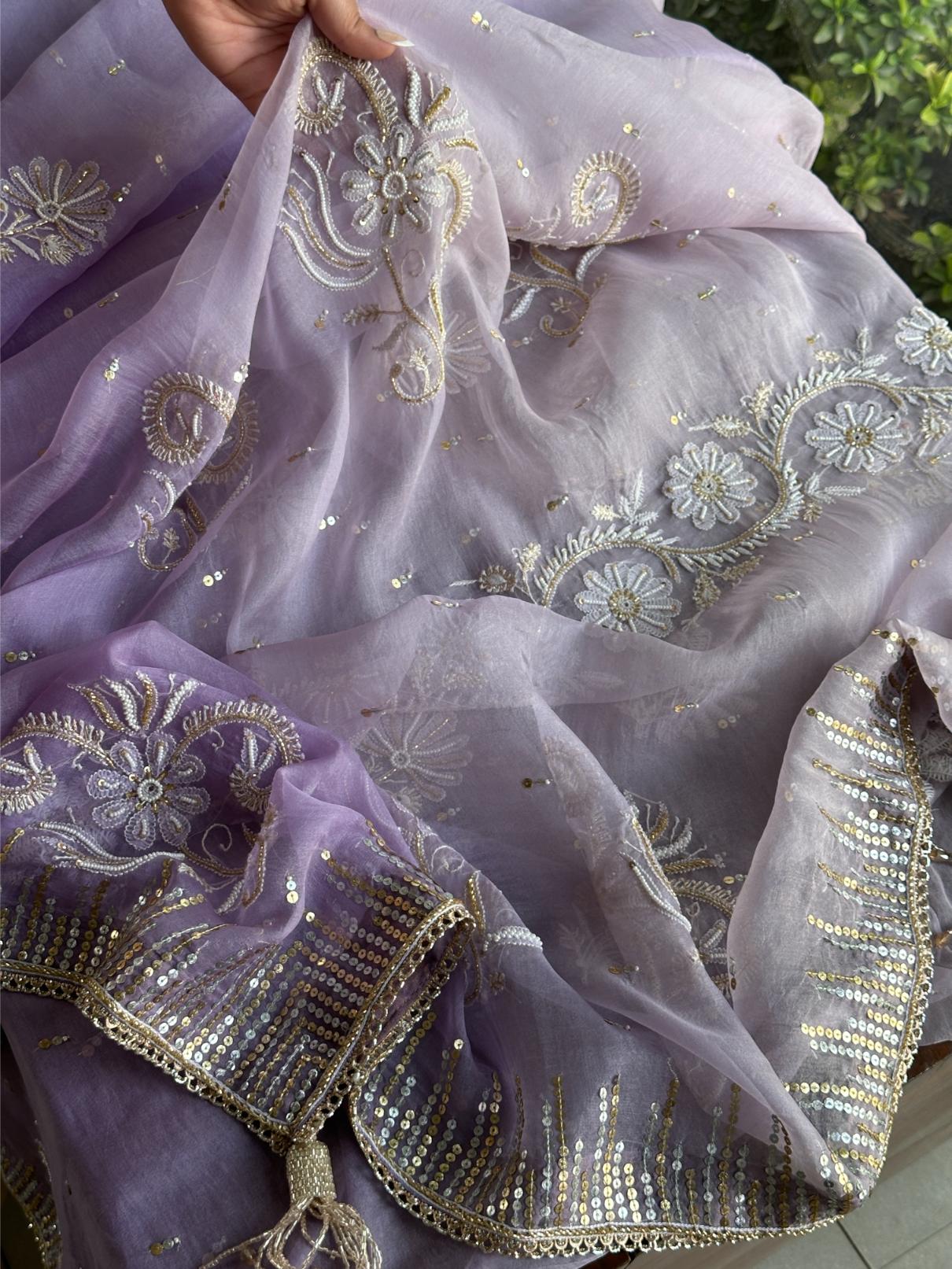 Lavender Shade Organza Saree with Ari Work, Highlight Border & Tassels