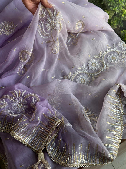Lavender Shade Organza Saree with Ari Work, Highlight Border & Tassels