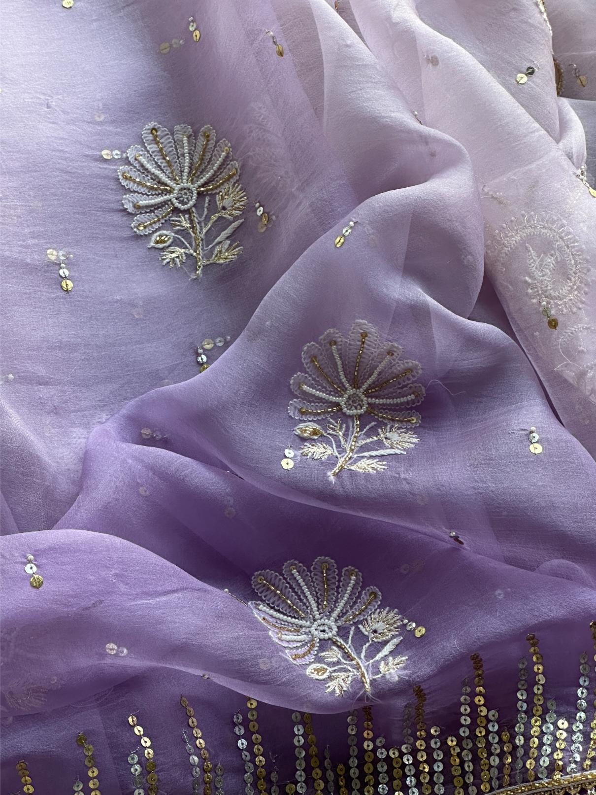 Lavender Shade Organza Saree with Ari Work, Highlight Border & Tassels