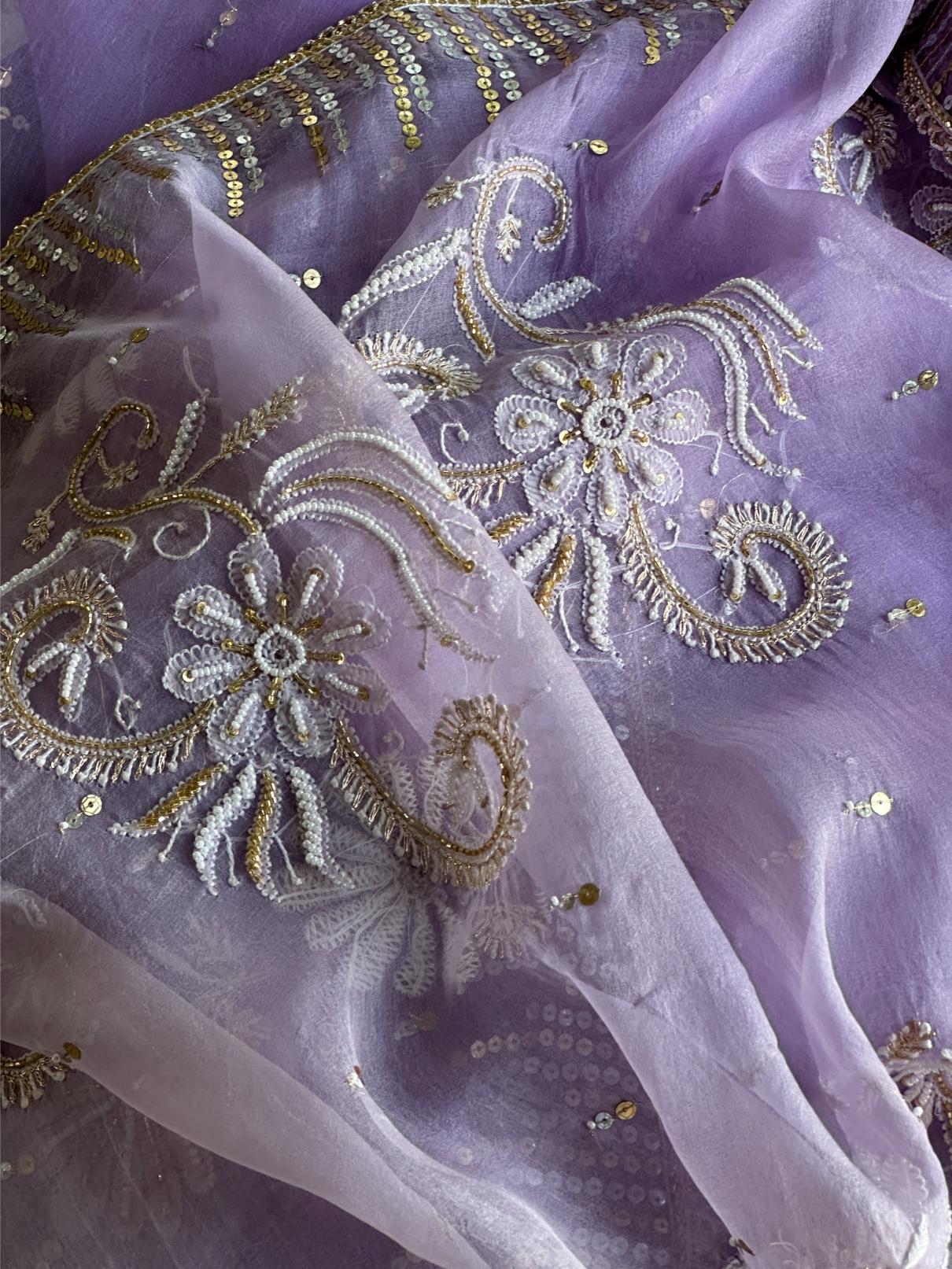 Lavender Shade Organza Saree with Ari Work, Highlight Border & Tassels