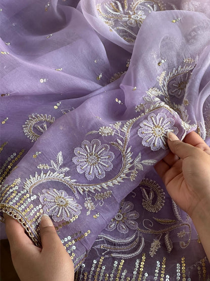 Lavender Shade Organza Saree with Ari Work, Highlight Border & Tassels