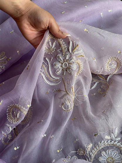 Lavender Shade Organza Saree with Ari Work, Highlight Border & Tassels