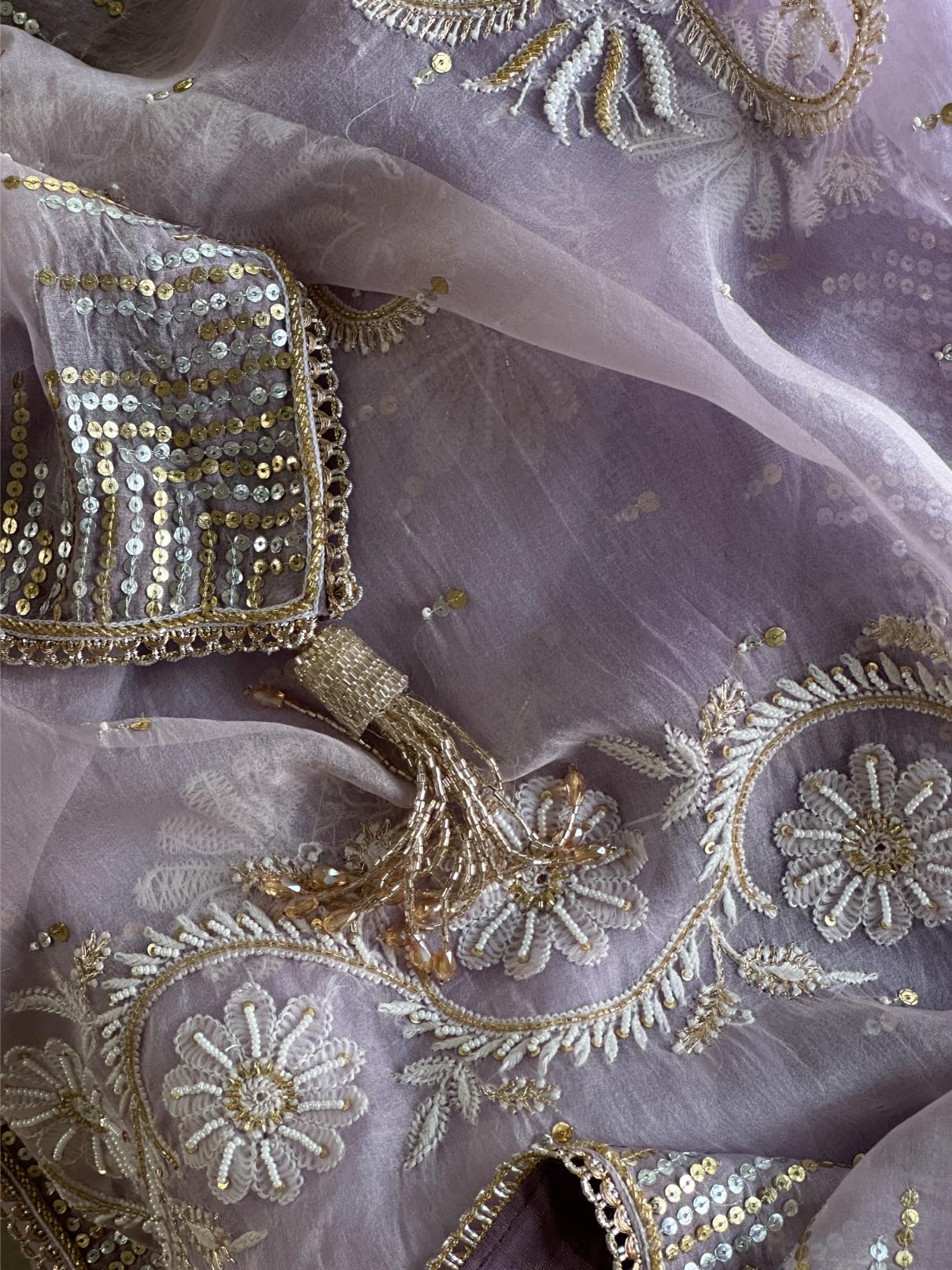 Lavender Shade Organza Saree with Ari Work, Highlight Border & Tassels