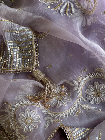 Lavender Shade Organza Saree with Ari Work, Highlight Border & Tassels
