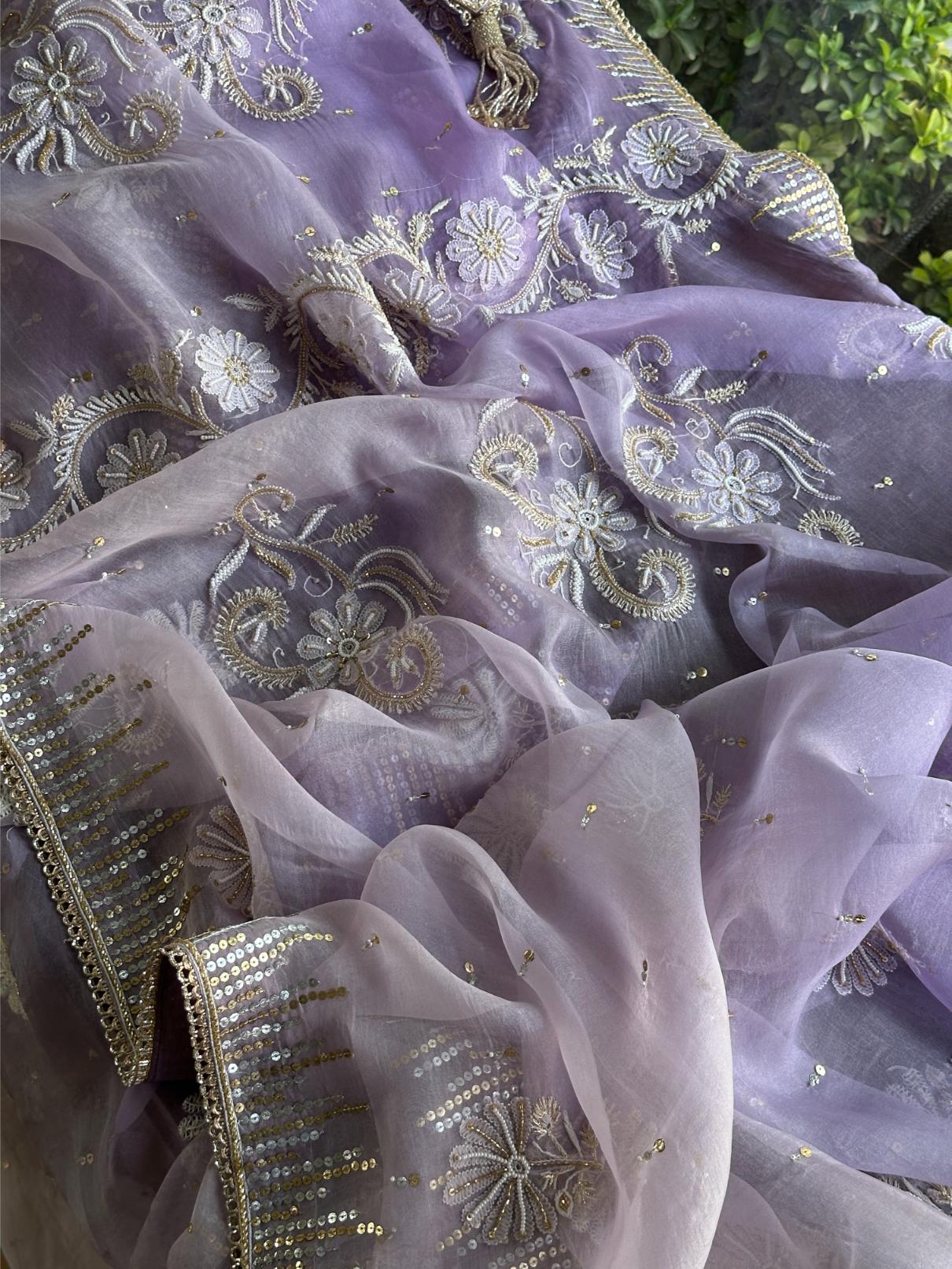 Lavender Shade Organza Saree with Ari Work, Highlight Border & Tassels