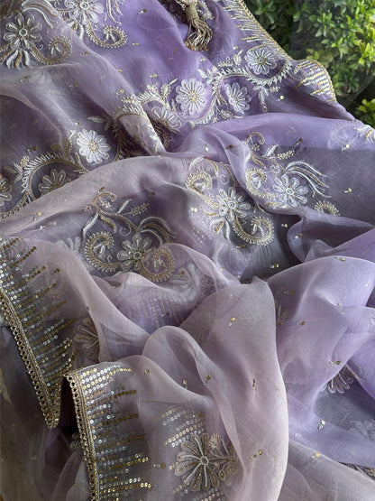 Lavender Shade Organza Saree with Ari Work, Highlight Border & Tassels