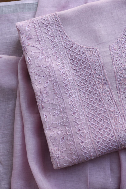 Lavender Shade Rasm Silk Chikankari With Ari Work Unstitched Kurta Dupatta Set