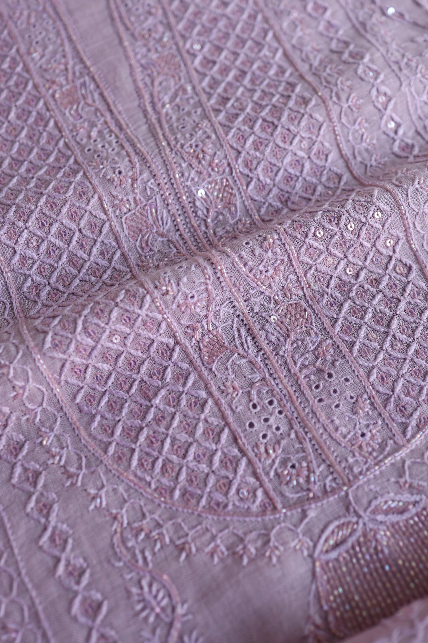 Lavender Shade Rasm Silk Chikankari With Ari Work Unstitched Kurta Dupatta Set
