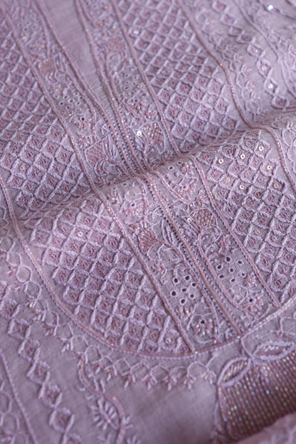 Lavender Shade Rasm Silk Chikankari With Ari Work Unstitched Kurta Dupatta Set