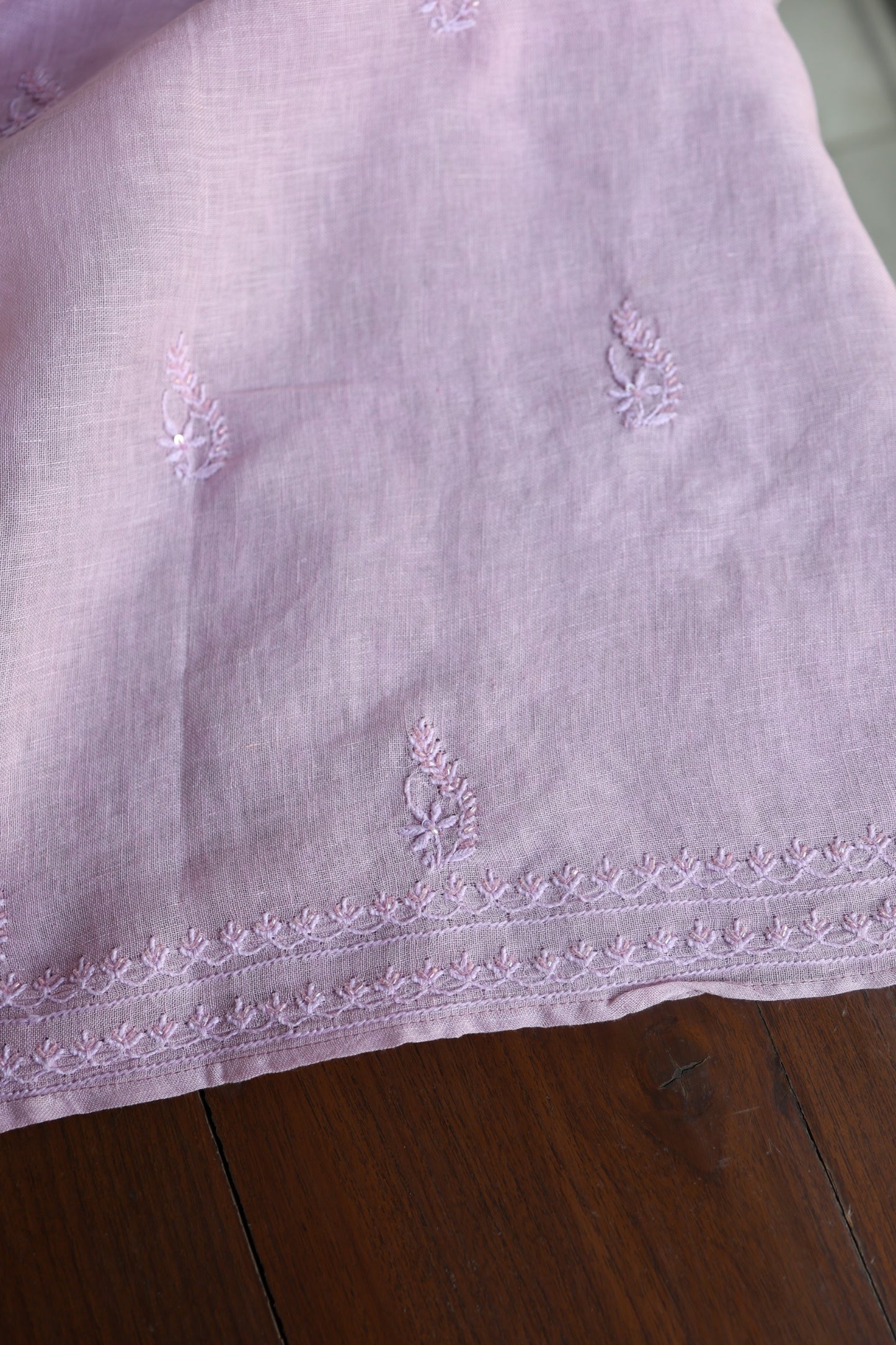 Lavender Shade Rasm Silk Chikankari With Ari Work Unstitched Kurta Dupatta Set