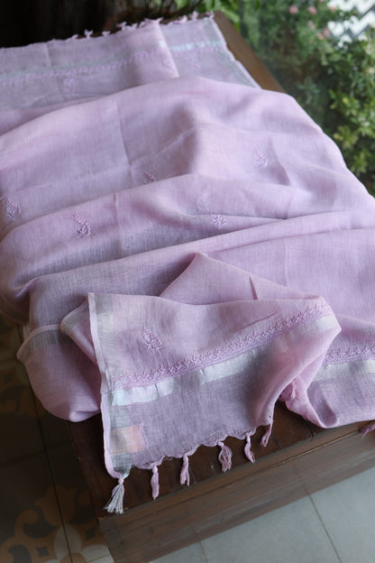 Lavender Shade Rasm Silk Chikankari With Ari Work Unstitched Kurta Dupatta Set