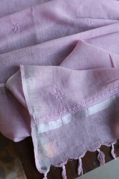 Lavender Shade Rasm Silk Chikankari With Ari Work Unstitched Kurta Dupatta Set