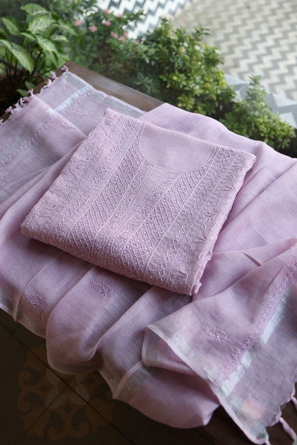Lavender Shade Rasm Silk Chikankari With Ari Work Unstitched Kurta Dupatta Set