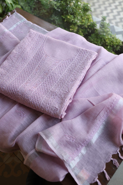 Lavender Shade Rasm Silk Chikankari With Ari Work Unstitched Kurta Dupatta Set
