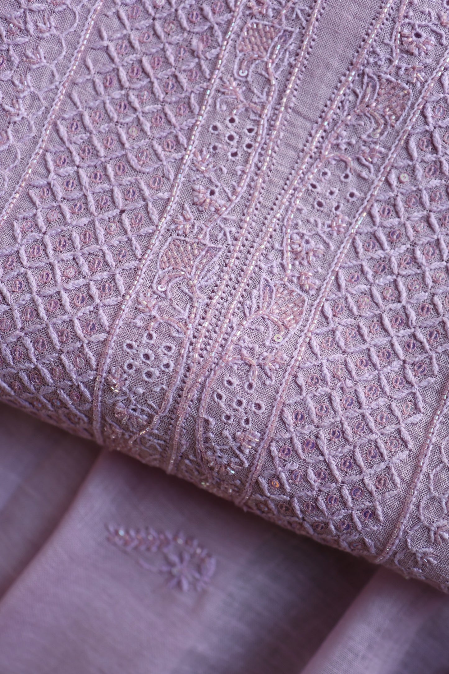 Lavender Shade Rasm Silk Chikankari With Ari Work Unstitched Kurta Dupatta Set