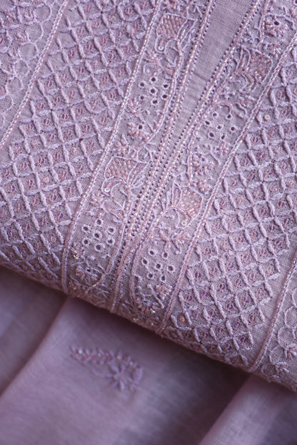 Lavender Shade Rasm Silk Chikankari With Ari Work Unstitched Kurta Dupatta Set