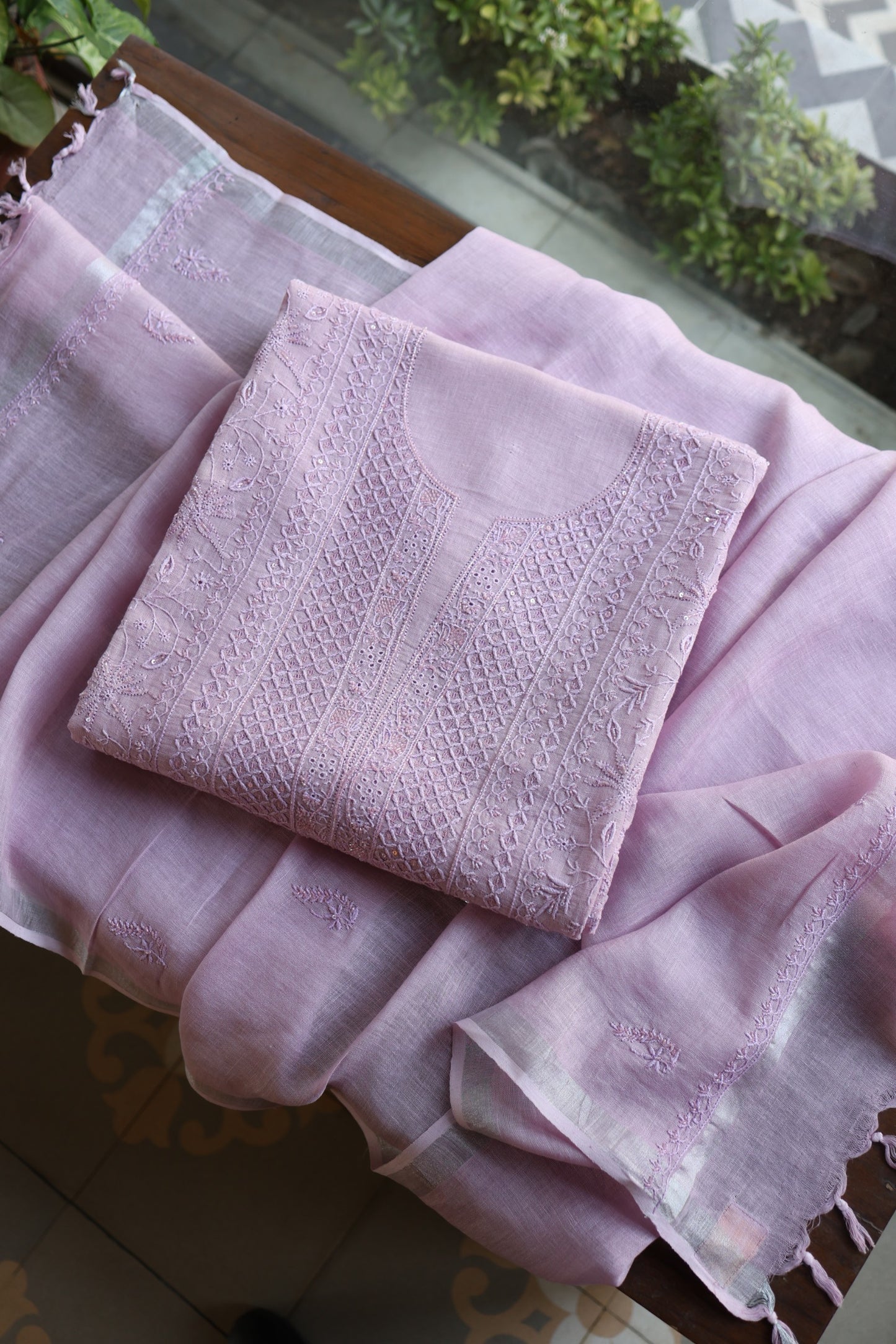 Lavender Shade Rasm Silk Chikankari With Ari Work Unstitched Kurta Dupatta Set