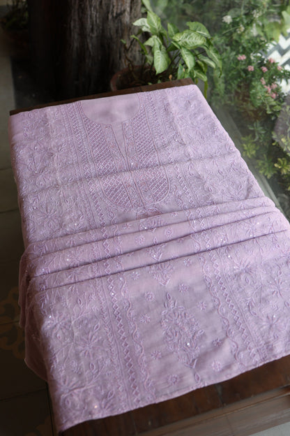 Lavender Shade Rasm Silk Chikankari With Ari Work Unstitched Kurta Dupatta Set