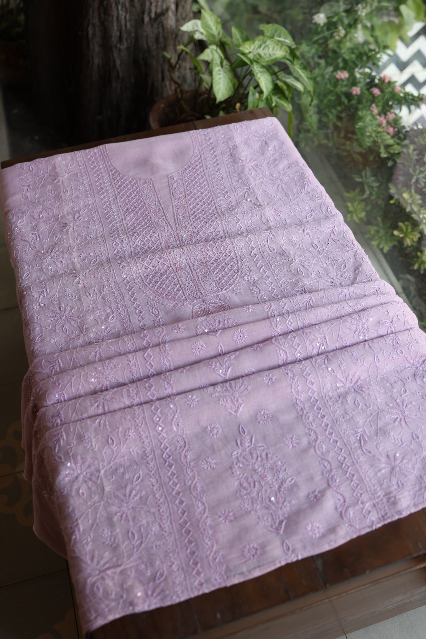 Lavender Shade Rasm Silk Chikankari With Ari Work Unstitched Kurta Dupatta Set