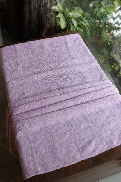 Lavender Shade Rasm Silk Chikankari With Ari Work Unstitched Kurta Dupatta Set