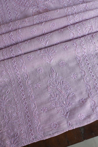 Lavender Shade Rasm Silk Chikankari With Ari Work Unstitched Kurta Dupatta Set