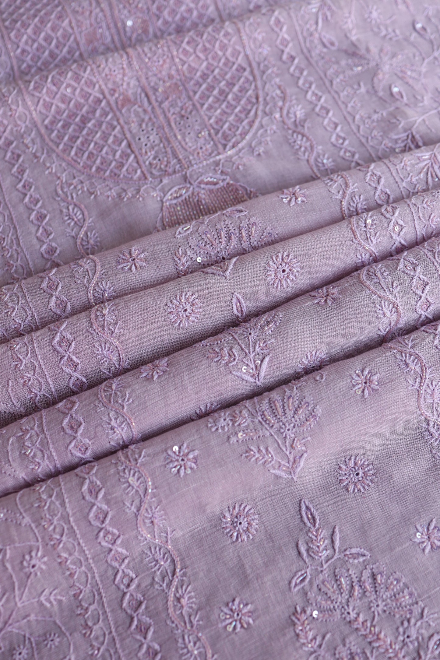 Lavender Shade Rasm Silk Chikankari With Ari Work Unstitched Kurta Dupatta Set