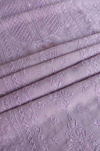 Lavender Shade Rasm Silk Chikankari With Ari Work Unstitched Kurta Dupatta Set