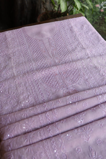 Lavender Shade Rasm Silk Chikankari With Ari Work Unstitched Kurta Dupatta Set