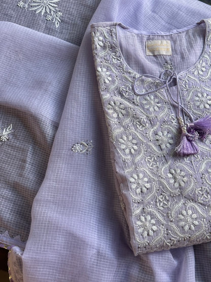 Lavender Shade Semi Stitched Kota Tepchi Chikankari Kurta Dupatta Set