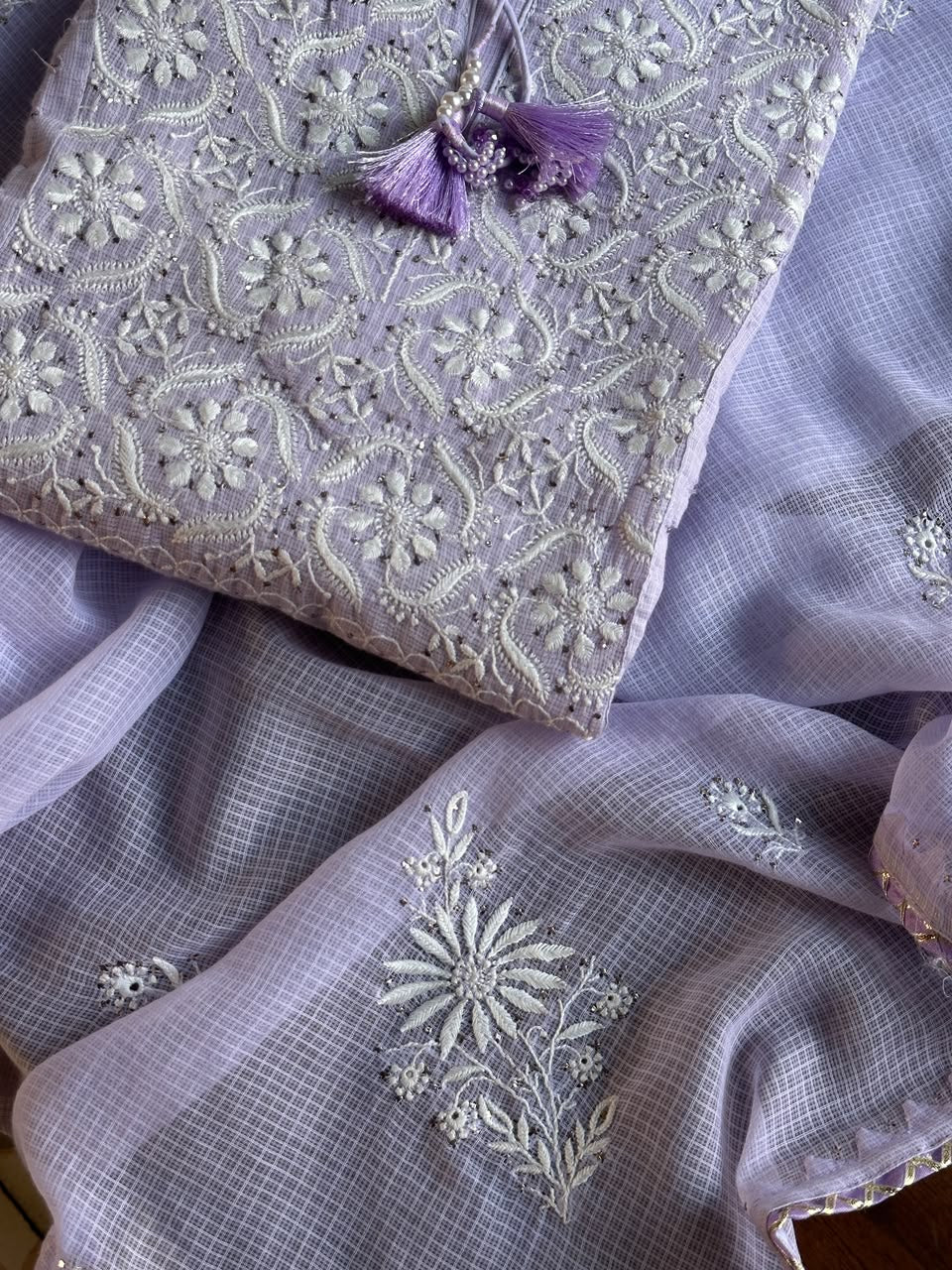 Lavender Shade Semi Stitched Kota Tepchi Chikankari Kurta Dupatta Set