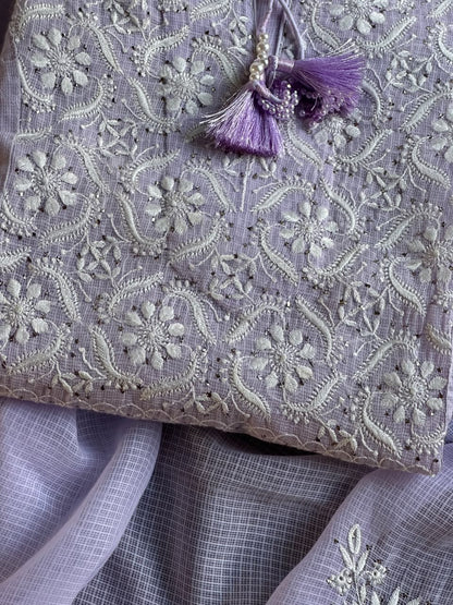Lavender Shade Semi Stitched Kota Tepchi Chikankari Kurta Dupatta Set