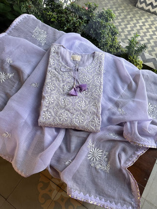 Lavender Shade Semi Stitched Kota Tepchi Chikankari Kurta Dupatta Set