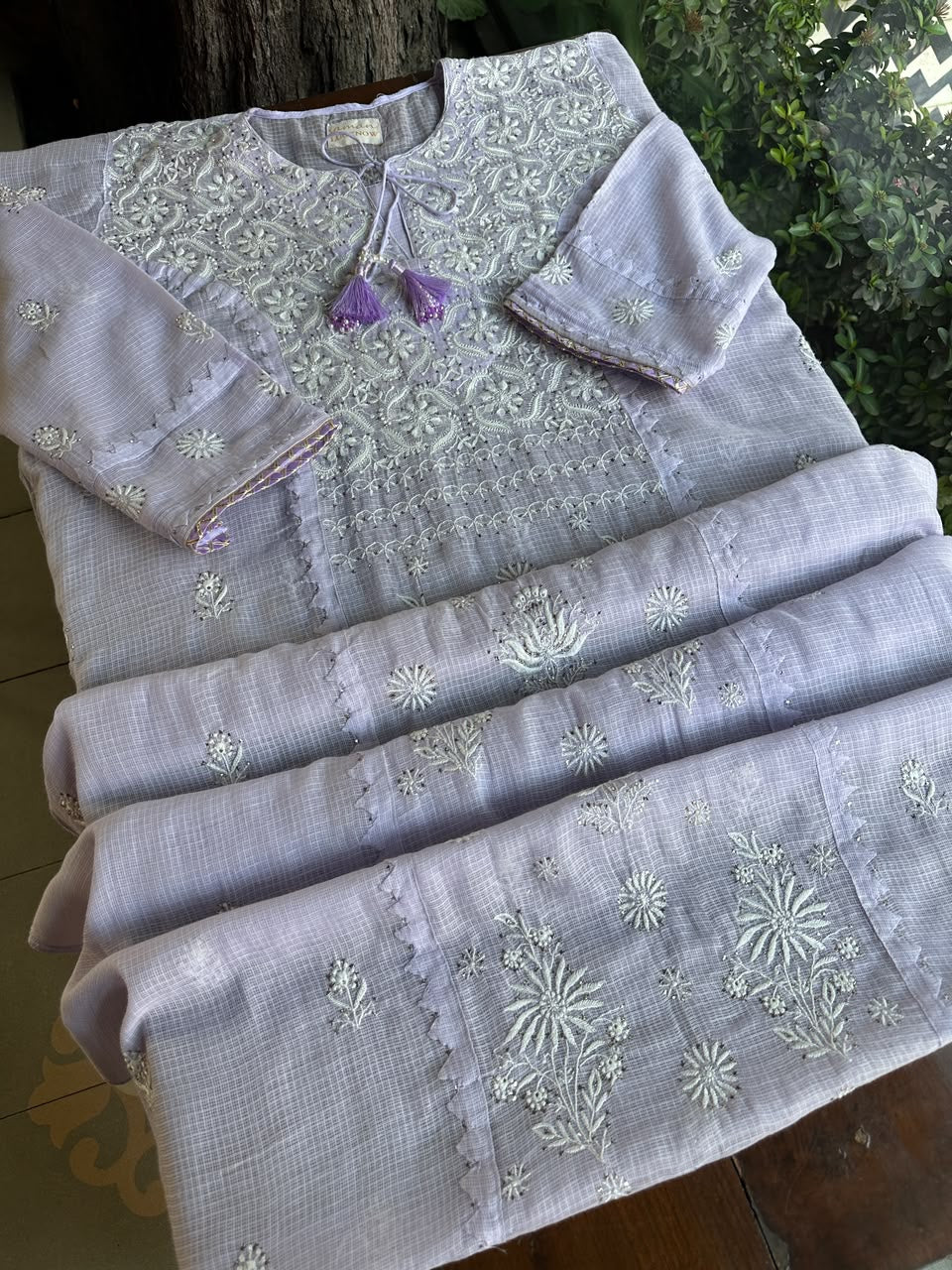 Lavender Shade Semi Stitched Kota Tepchi Chikankari Kurta Dupatta Set