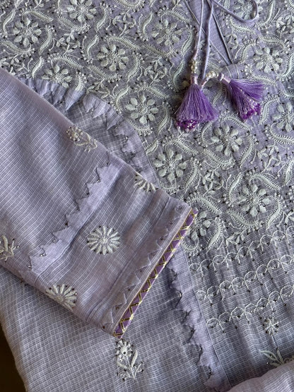 Lavender Shade Semi Stitched Kota Tepchi Chikankari Kurta Dupatta Set