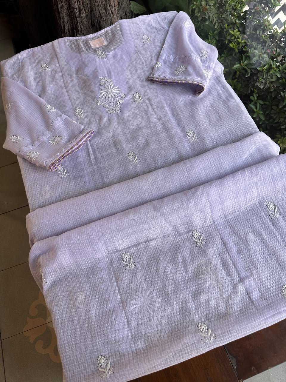 Lavender Shade Semi Stitched Kota Tepchi Chikankari Kurta Dupatta Set