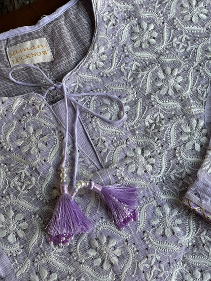 Lavender Shade Semi Stitched Kota Tepchi Chikankari Kurta Dupatta Set
