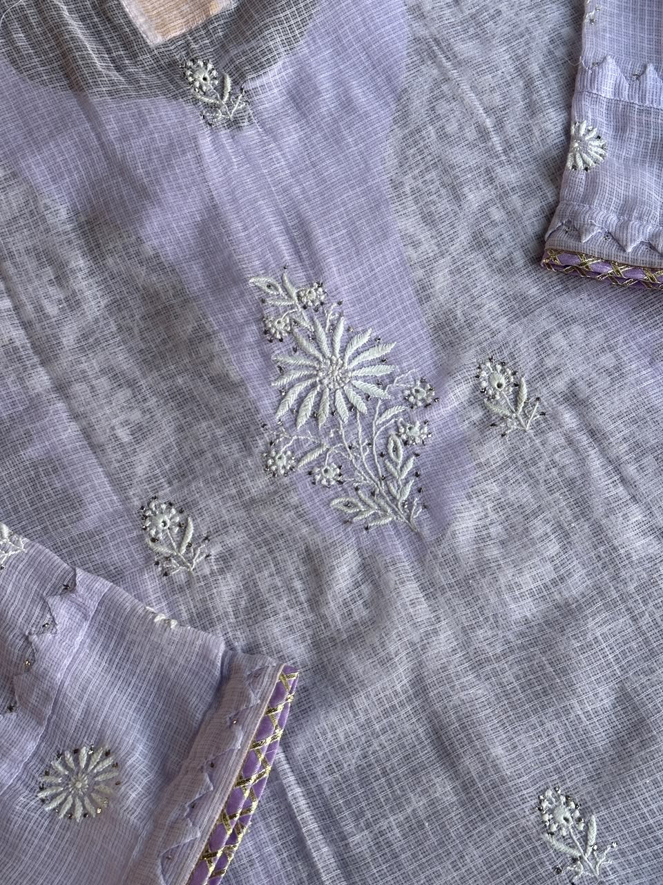 Lavender Shade Semi Stitched Kota Tepchi Chikankari Kurta Dupatta Set