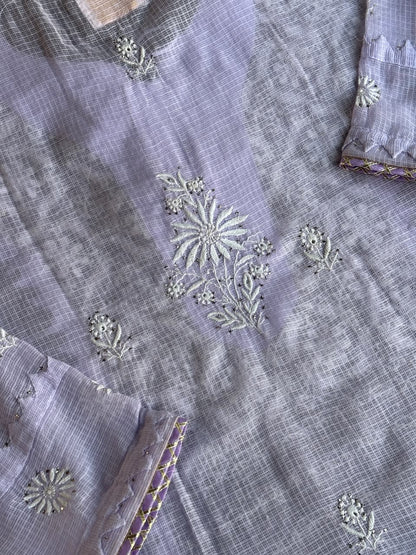Lavender Shade Semi Stitched Kota Tepchi Chikankari Kurta Dupatta Set