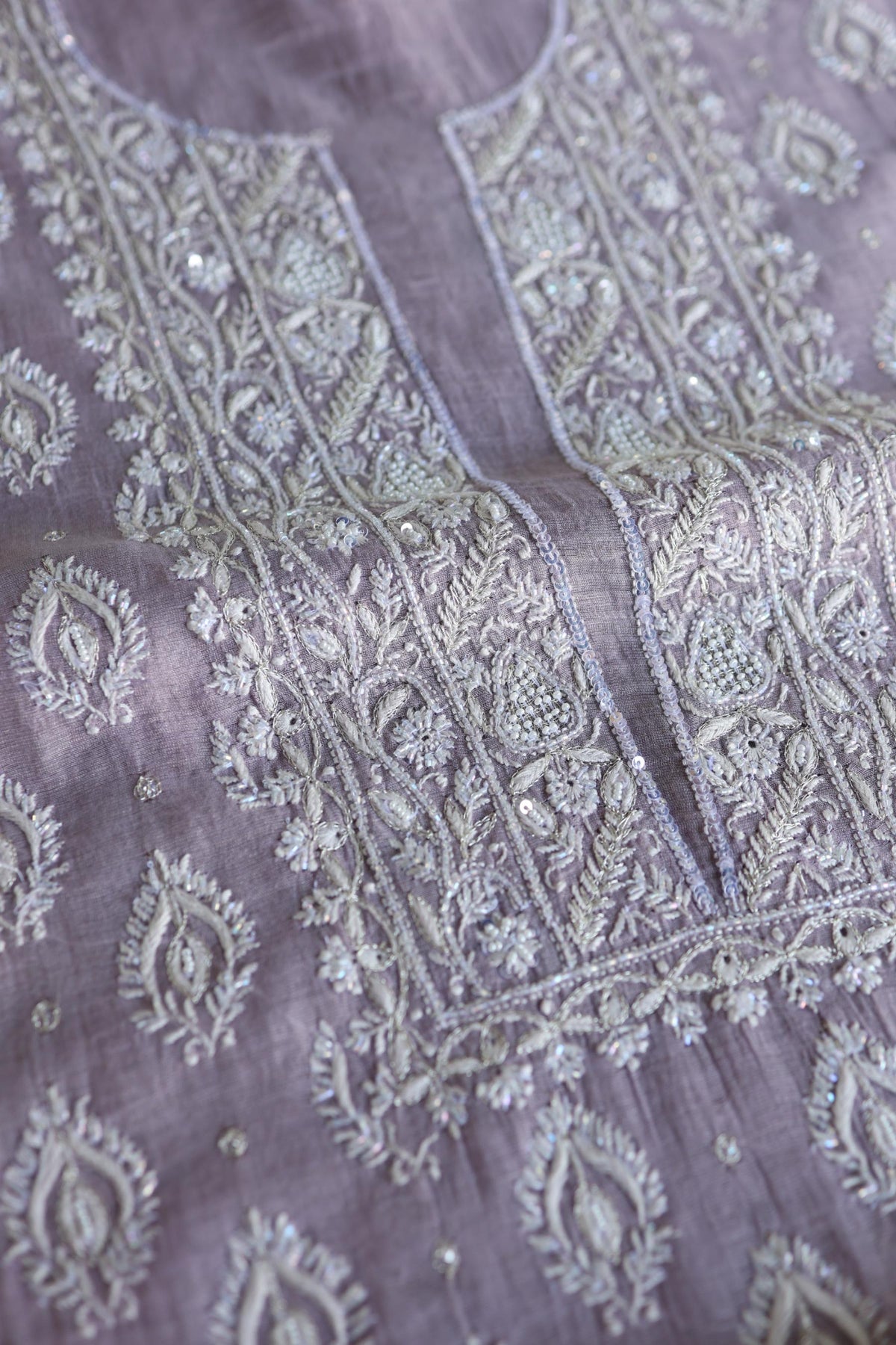 Lavender Shade Silver Tissue Silk Chikankari Unstitched Fabric